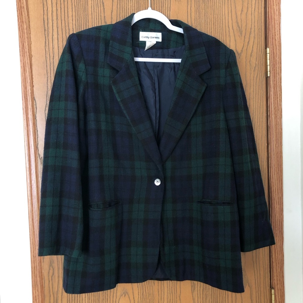 Vintage Cathy Daniels Green Navy Blue Tartan Plaid Blazer Jacket
